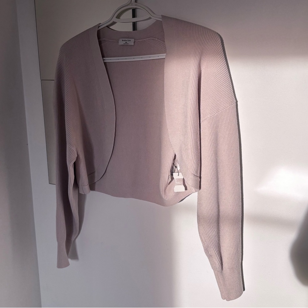 Babaton Cropped Open-Front Ribbed Cardigan in Light Beige - Picture 8 of 13
